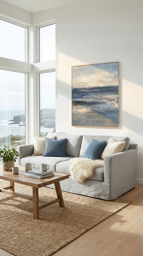 Ocean, Framed printing soft gesso canvas with hand touch, H100xW80xD3.8cm, Ocean/Harbour blue